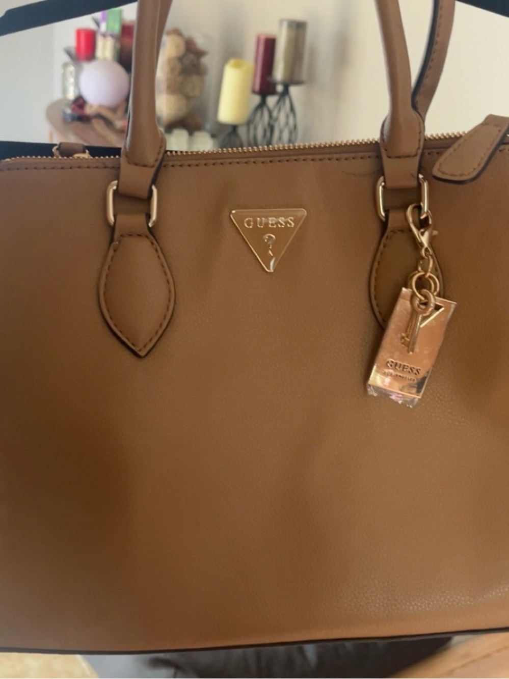 GUESS Brown Satchel with Gold-Tone Logo Charm